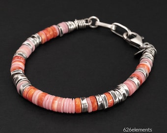 Armband mit Stachelauster und rosa Königsmuschel – oxidiertes 925er Sterlingsilber – handgefertigter Perlenschmuck