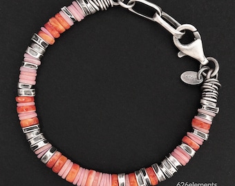 Spiny Oyster & Pink Queen Conch Bracelet - Oxidised 925 Sterling Silver - Beaded Handmade Jewellery