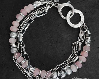 Dusky pink quartz 925 silver bracelet - delicate rose gemstones - oxidised sterling silver multi-layered jewellery