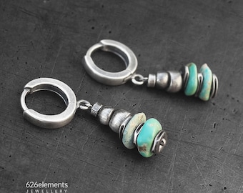 Turquoise raw sterling silver earrings - handmade blue green turquoise oxidized silver earrings - gift for her