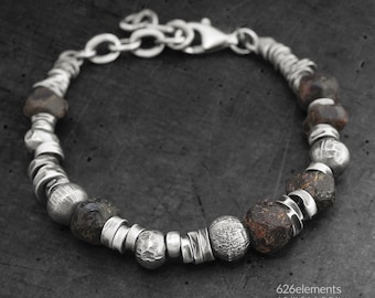 Men's garnet sterling silver bracelet - black-brown natural raw gemstone - handmade oxidised 925 bracelet