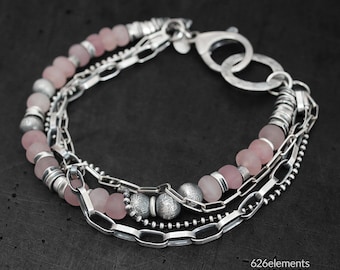 Altrosa Quarz 925 Silber Armband - zarte rosa Edelsteine - oxidierter mehrschichtiger Schmuck aus Sterling Silber