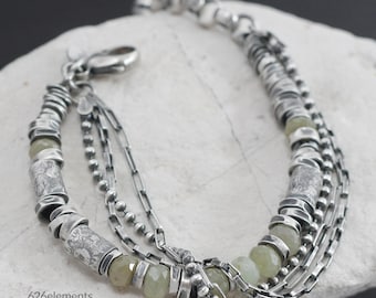 Olivgrün Saphir 925 Silber Armband - mehrreihig oxidierter Sterling Silber Boho Schmuck