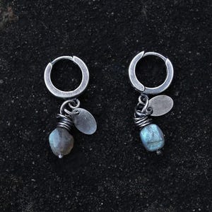 Raw labradorite sterling silver earrings - raw stone oxidised 925 silver earrings, minimalist modern hoops, handmade jewellery gift for her