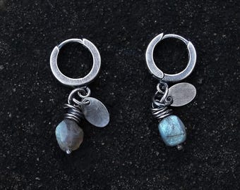 Raw labradorite sterling silver earrings - raw stone oxidised 925 silver earrings, minimalist modern hoops, handmade jewellery gift for her
