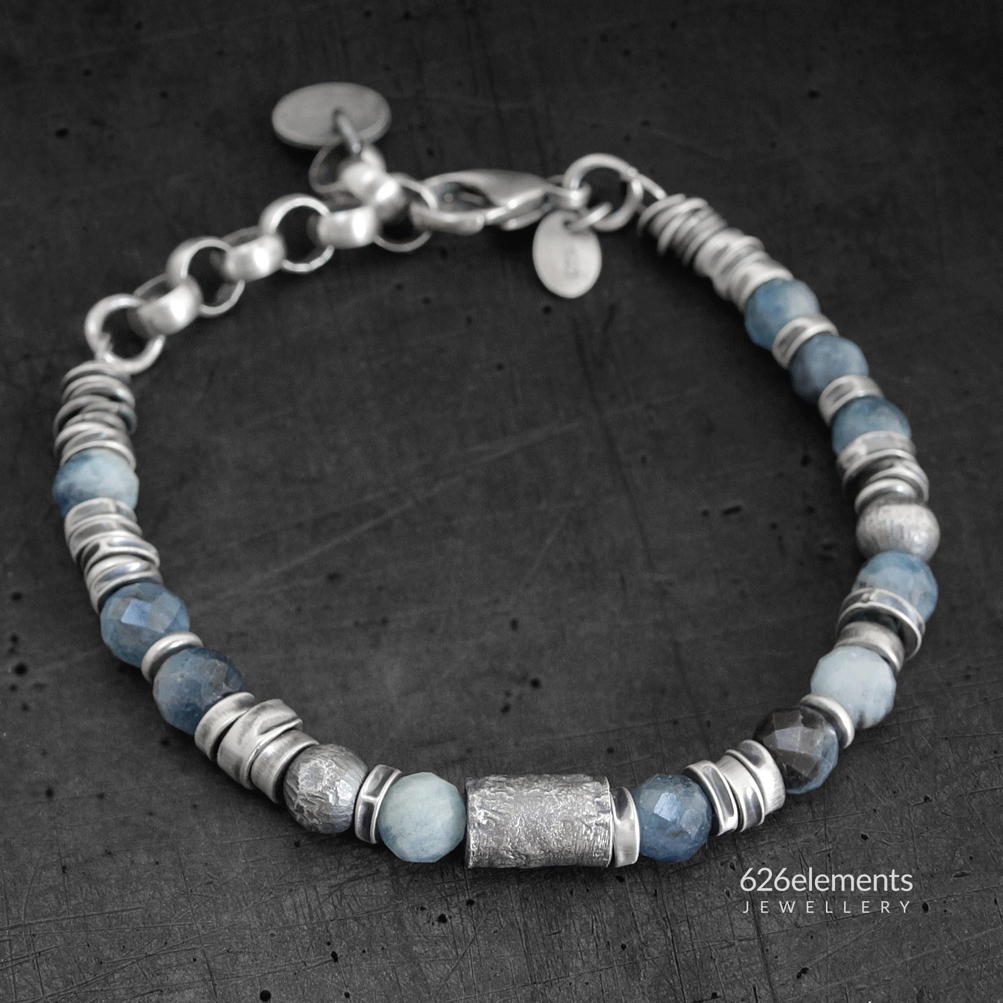 Blue aquamarine sterling silver bracelet - natural pastel and denim blue gemstones - oxidised 925 silver handmade bracelet - birthday gift