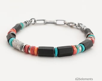 Herrenarmband aus Turmalin und Sterlingsilber – Rote Stachelauster, Türkis, oxidiertes 925er Silber – 6 mm Perlen