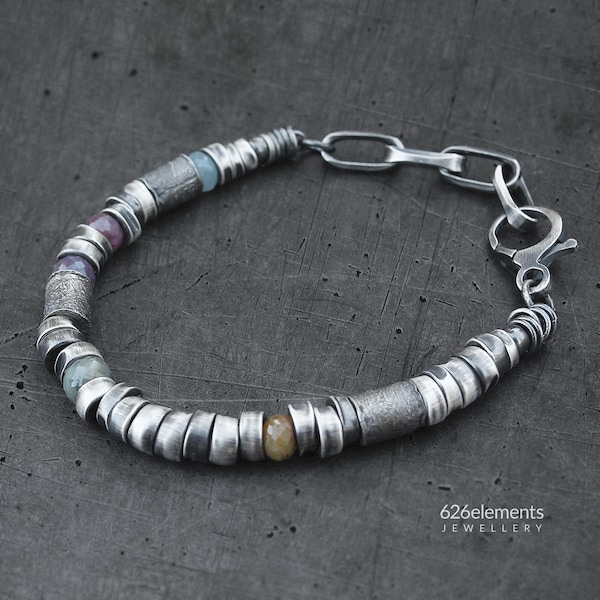 Pulsera de plata 925 oxidada con zafiro - plata de ley, piedras preciosas, cuentas, joyería artesanal única hecha a mano