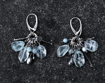 Aquamarine Sterling Silber Ohrringe - oxidierte 925 Schmuck, blaue Edelsteine, lange Ohrringe, Weihnachtsgeschenk