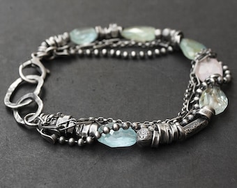 Aquamarine raw sterling silver bracelet - handmade oxidized silver layered bracelet