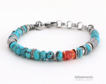 Türkis & Orange Spiny Oyster Armband - Oxidiertes Sterling Silber - 6 mm Perlen - Handgemachter Herrenschmuck