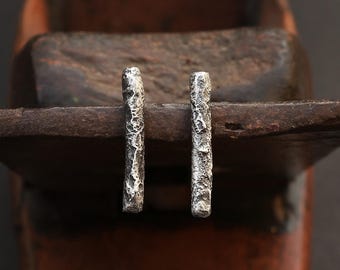 Oxidised 925 silver bar stud earrings - sterling silver textured geometric studs - handmade boho jewellery