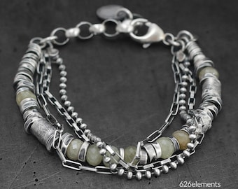 Olive green sapphire 925 silver bracelet - multi-chain oxidised sterling silver handmade boho jewellery
