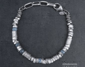 Blue sapphire 925 silver bracelet - oxidised sterling silver unique artisan handcrafted jewellery