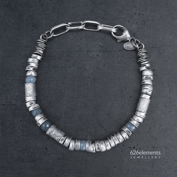 Blue sapphire 925 silver bracelet - oxidised sterling silver unique artisan handcrafted jewellery