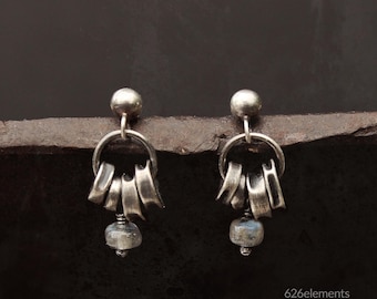 Sterling silver labradorite stud earrings - oxidized sterling silver - small labradorite earrings - artisan handmade everyday earrings