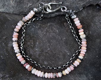 Pink opal sterling silver bracelet - delicate pastel rose gemstones and oxidised fine and sterling silver elements - handmade unique gift