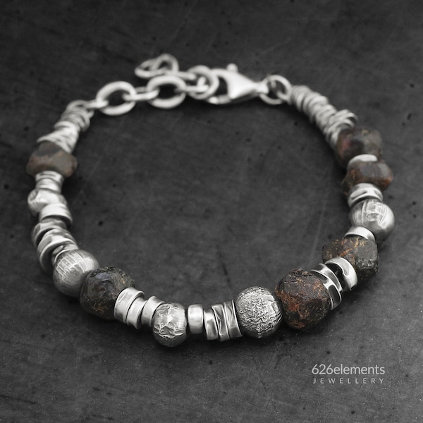 Men's garnet sterling silver bracelet - black-brown natural garnet and oxidised 925 silver unique handmade bracelet