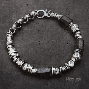 Mens sterling silver tourmaline bracelet - raw oxidized silver chain bracelet - black tourmaline bracelet - handmade unique mens jewellery