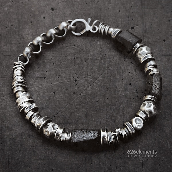 Herren Sterling Silber Turmalin Armband - schwarzes Turmalin Armband - oxidierter Rohsilber Kettenarmband - Herrenschmuck