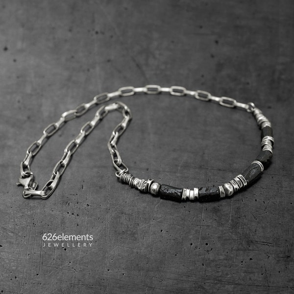 Mens tourmaline sterling silver necklace - black tourmaline and oxidised 925 silver chain men's necklace - unique handmade jewellery