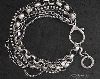 Sterling Silver Multi-Strand Bracelet - Oxidised Solid 925 Silver - Women's Multi-Chain Statement Jewellery Gift