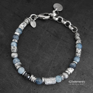 Blauwe aquamarijn sterlingzilveren armband - uniek cadeau - pastel- en denimblauwe natuurlijke aquamarijn edelstenen en geoxideerde 925-zilveren armband