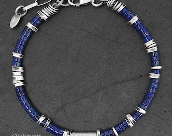 Blauer Lapis Lazuli Heishi Armband - Oxidiertes Sterling Silber - 4 mm Edelstein Perle Handmade Armband