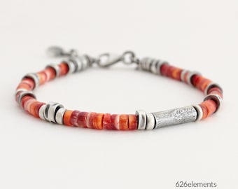 Spiny Oyster Heishi Armband - Rot & Orange - Oxidiertes Sterling Silber - 4 mm Perlen - Handgemachter Schmuck