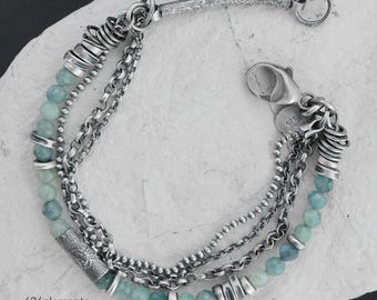 Kyanite oxidised 925 silver bracelet - dusky green, mint, blue gemstones - sterling silver boho jewellery