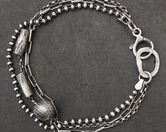 Sterling silver multi strand bracelet - oxidized 925 sterling silver layered chain bracelet