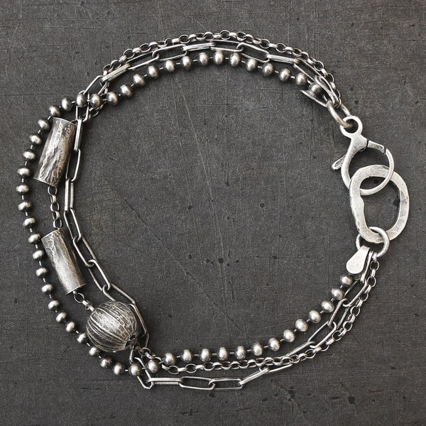 Sterling silver multi strand bracelet - oxidized 925 sterling silver layered chain bracelet