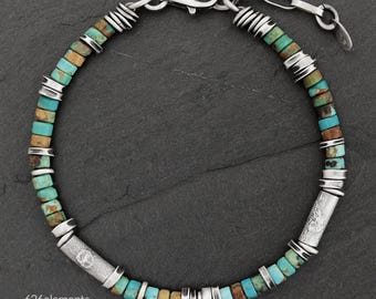 Türkis & Sterling Silber Armband - Rustikales oxidiertes Silber - Handgemachter Blauer und Grüner Edelstein Herrenschmuck