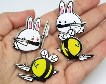 cute animal silver enamel pin - bee bunny knife