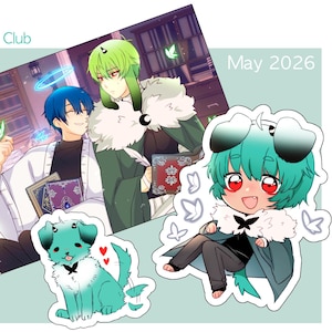 May include: An illustration featuring two anime-style characters and two cartoon figures. The characters are in a library setting, with one holding a book. The cartoon figures are a dog and a person, both with teal coloring. The text "Mail Club" and "May 2026" are also present.