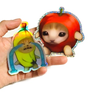 Sticker chat banane qui pleure - Sticker chat pomme heureux - Stickers holographiques en vinyle de 3 pouces - ordinateurs portables, bouteilles d'eau, voitures