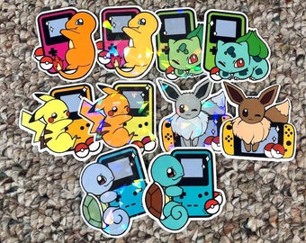 pkmn sticker pack (10 piece)- starters cute journal planner stickers bulbasaur, eevee, squirtle, charmander, pikachu