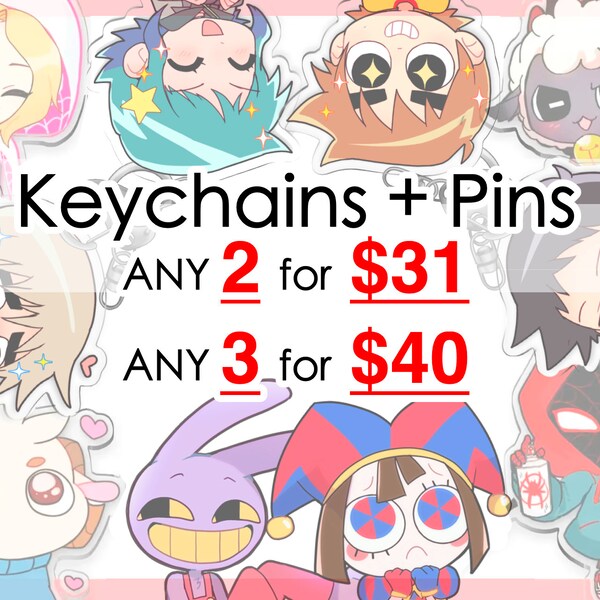 Anime, game, cartoon, memes - mix and match Keychains, Enamel pins, Phone grips - BUNDLE SALE!!