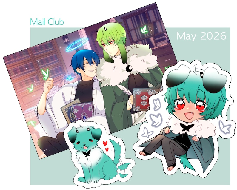 May include: An illustration featuring two anime-style characters and two cartoon figures. The characters are in a library setting, with one holding a book. The cartoon figures are a dog and a person, both with teal coloring. The text "Mail Club" and "May 2026" are also present.