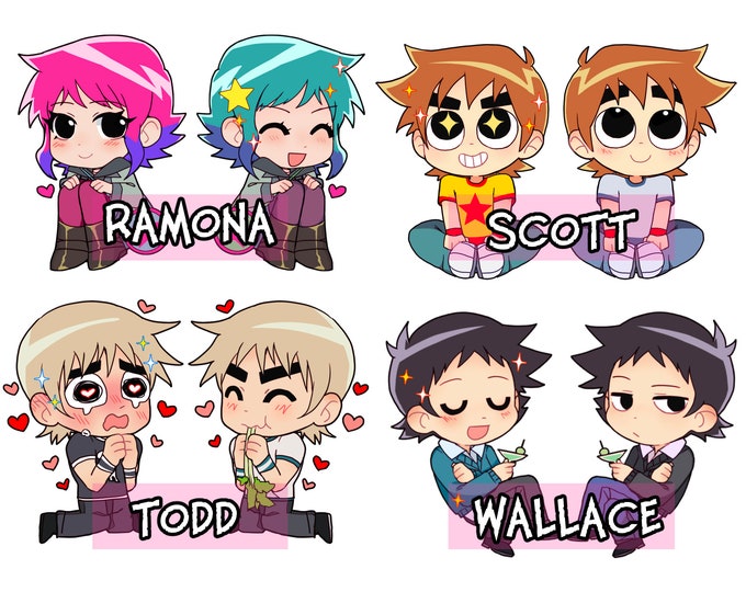 Scott Pilgrim charms keychains - Ramona Scott Wallace Todd