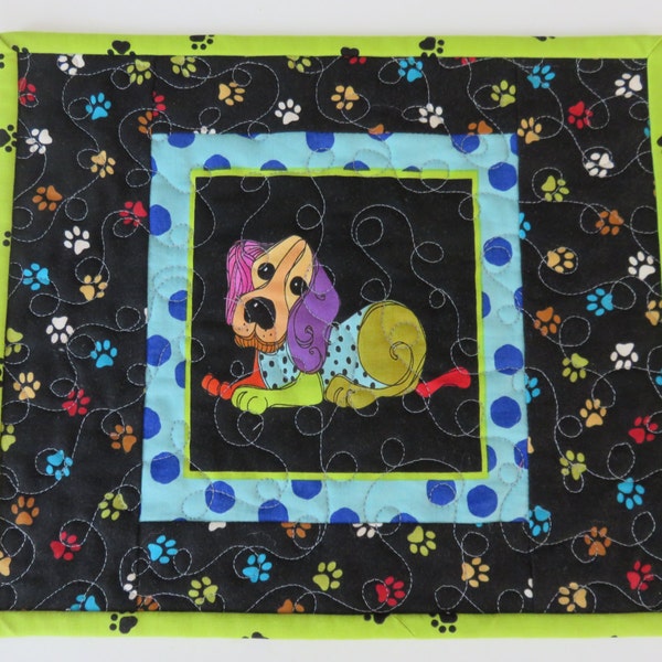 Quilted Dog Mugrug, Quilted Dog Small Placemat, Kids & Children's Mug Rug, Dog Lover's Gift, Handmade Quilted Snack Mat, Quiltsy Handmade