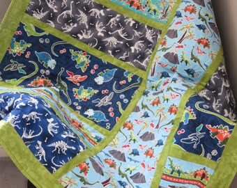 Dinosaur Baby Quilt, Glow in the Dark Quilted Blanket, Blue Grey Orange Baby Boy or Girl Quilt, Toddler Lap Quilt, FREE Shipping to Canada