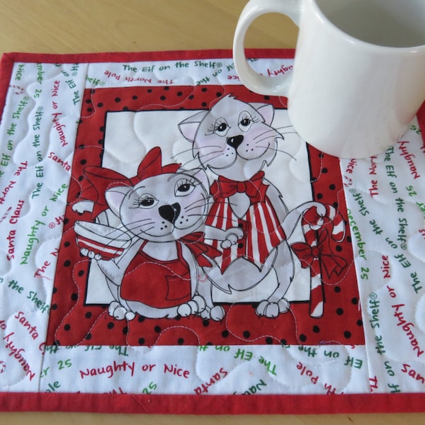 Christmas Cat Quilted Mug Rug, Handmade Quilted Christmas Cat Snack Mat, Children Snack Mat, Handmade Placemat, Handmade Quiltsy