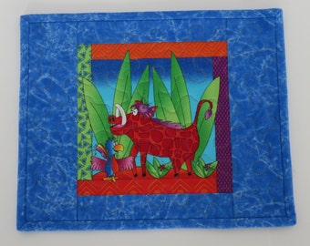 Warthog Child Quilted Mug Rug, African Zoo Animal Quilted Snack Mat, Modern Quilted Mug Rug, Blue Primary Colours Handmade Quilted Mug Rug