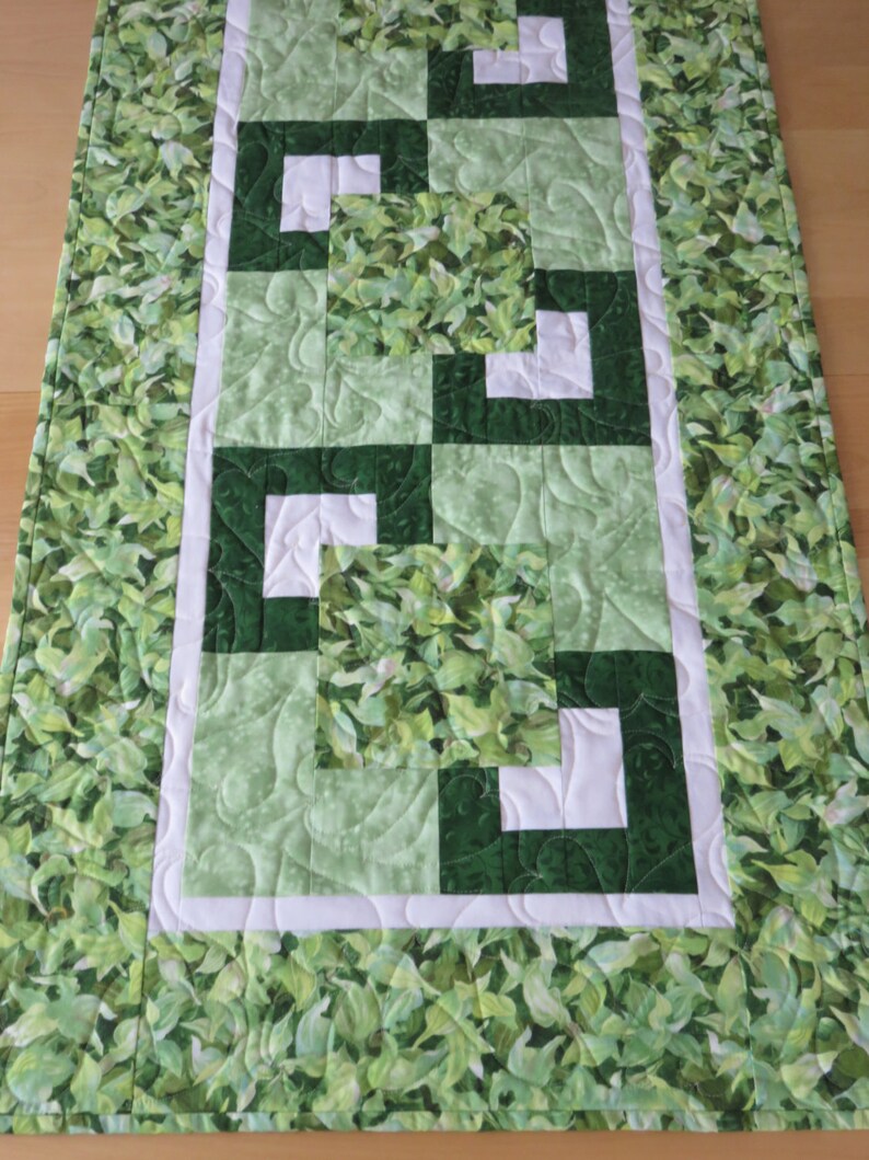 Quilted Table Runner Green Leaves Table Runner Reversible Etsy