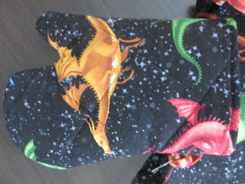 Dragon Themed Child Apron with Quilted Play Oven Mitt Reversible Kitchen Play Accessory Boy or Girl Apron