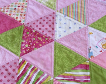 Pink and Green Triangles Baby Girl Quilt, Toddler Lap Quilt, Scrapy Quilted Baby Blanket, Quilted Play Mat, Free Shipping Canada & US