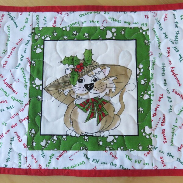 Christmas Cat Quilted Mug Rug, Handmade Quilted Christmas Snack Mat, Quilted Small Placemat, Christmas Mugrug, Quiltsy Handmade