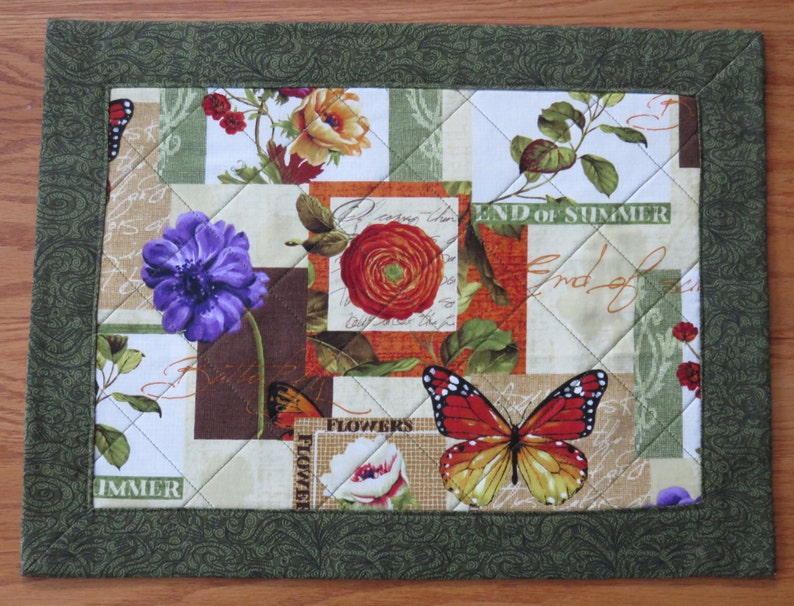Floral and Butterfly Quilted Placemats, Handmade Orange Red Purple and