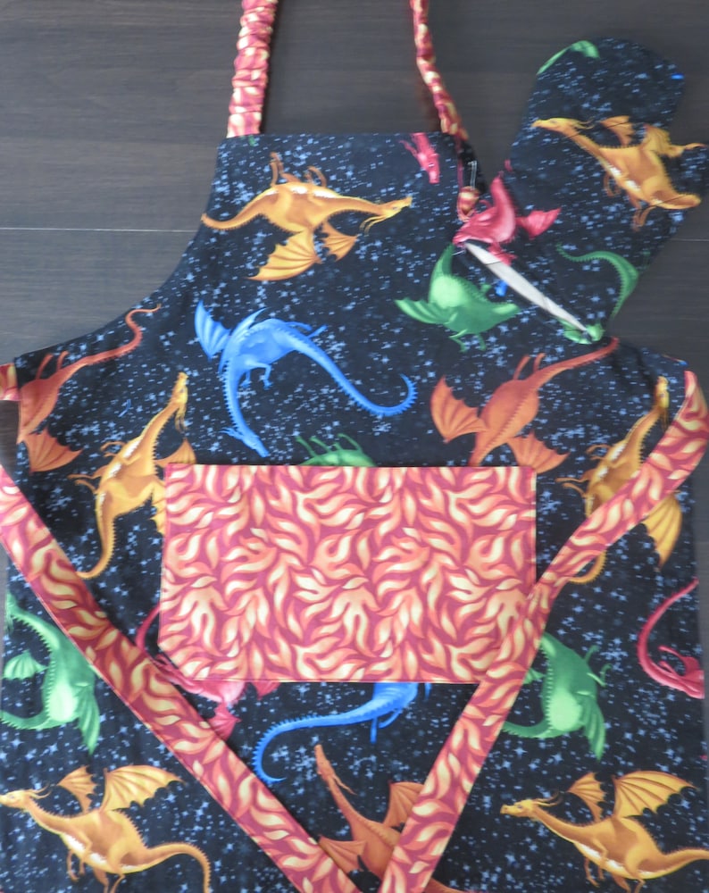 Dragon Themed Child Apron with Quilted Play Oven Mitt Reversible Kitchen Play Accessory Boy or Girl Apron